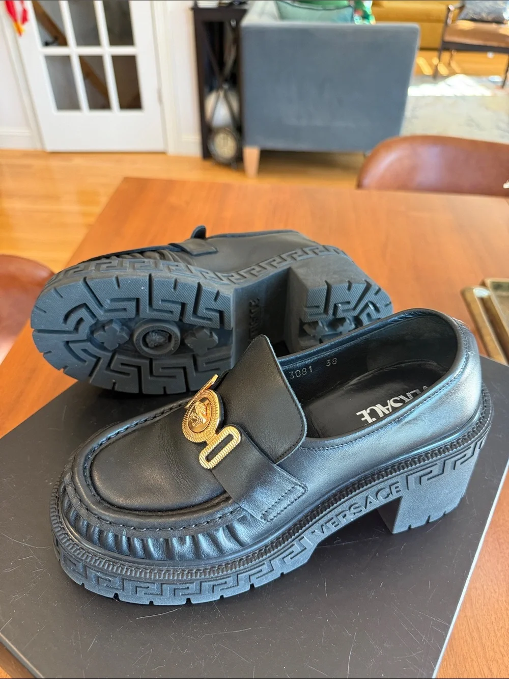 Versace Black Leather Loafers with Gold Medusa Hardware barely used size 38